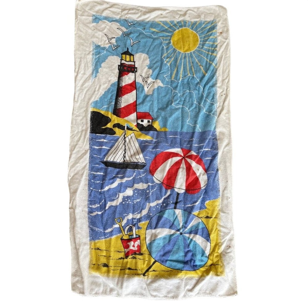 Vintage Beach Scene Towel Terry Cloth Lighthouse Seagulls Sailboat 46x25 Stains